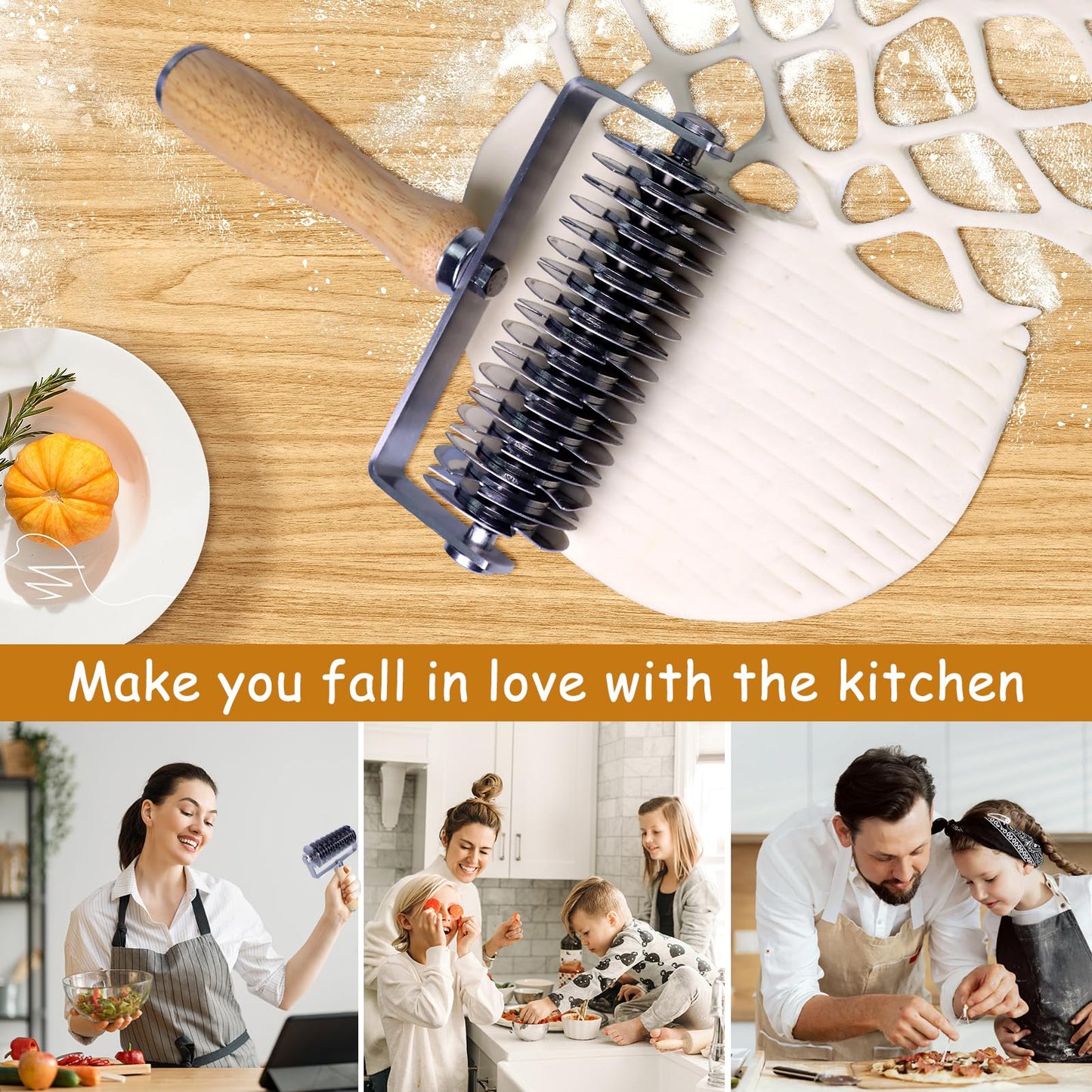 Stainless Steel Lattice Cutter With Wooden Handle - Dough Wheel Roller for Pie Crust, Beef Wellington, Bread, Pizza, and Puff Pastry