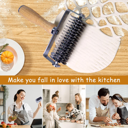 Stainless Steel Lattice Cutter With Wooden Handle - Dough Wheel Roller for Pie Crust, Beef Wellington, Bread, Pizza, and Puff Pastry