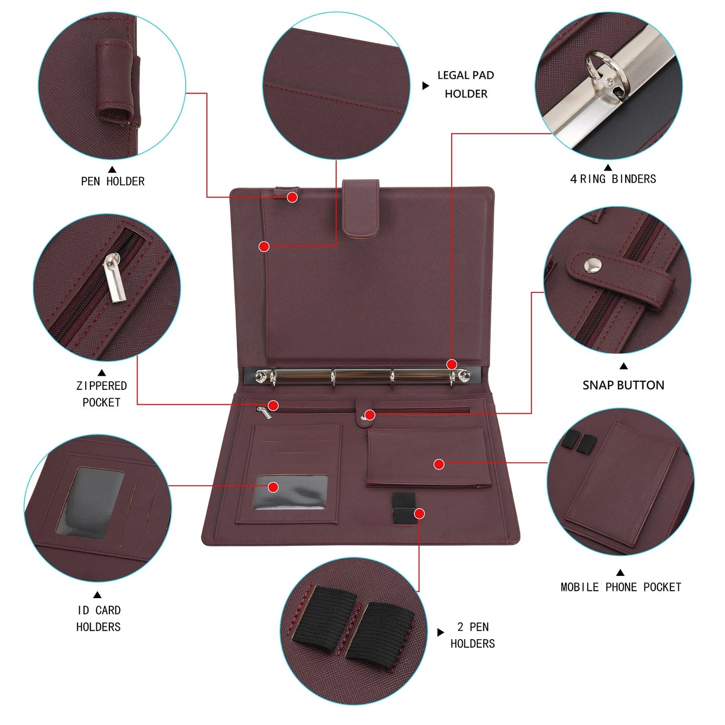 Wonderpool A4 Leather 4 Ring Holder Writing Portfolio Multi Document Case with Removable Binder Clipboard and Functional Pocket for Organizer Office Travel School (Brown)