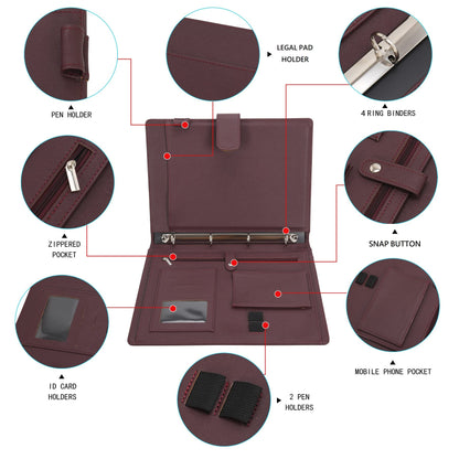 Wonderpool A4 Leather 4 Ring Holder Writing Portfolio Multi Document Case with Removable Binder Clipboard and Functional Pocket for Organizer Office Travel School (Brown)