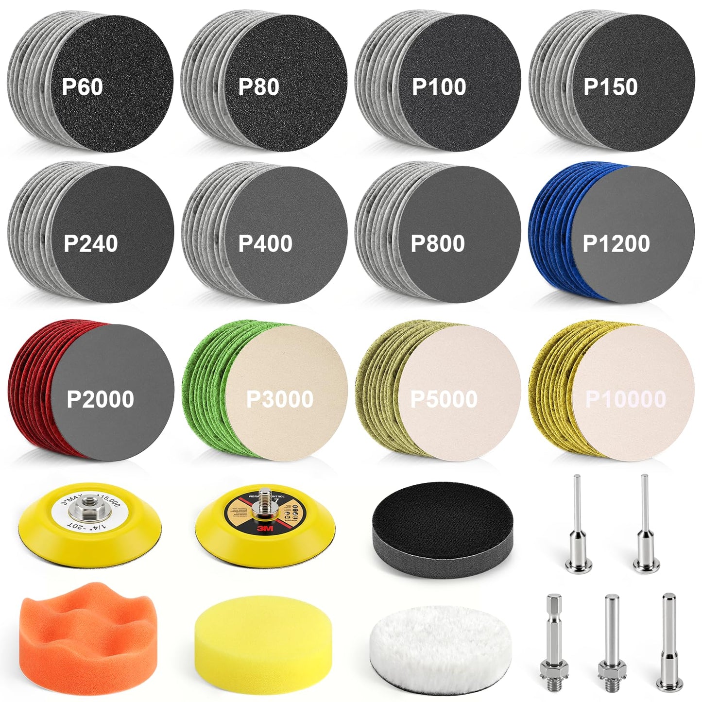 130 Pieces 3 Inch Sanding Disc, GOH DODD Headlight Restoration Kit Hook and Loop Sanding Pads 60 to 10000 Grit Wet Dry Sandpaper with 1/8" 1/4” Shank, Backer Plate, Polishing Pads and Interface Pad