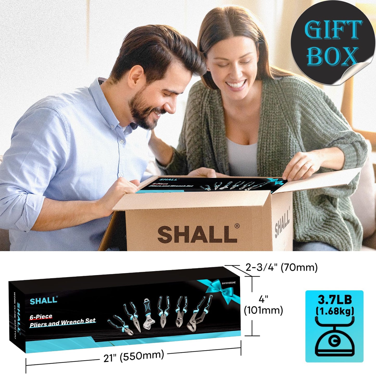 SHALL 6-Piece Pliers Set, Pliers Tool Set, 6" Diagonal Cutting, 8" Long Nose, 8" Linesman, 8" Slip-Joint & 10" Groove-Joint Pliers, 8" Adjustable Wrench, Two-Color TPR Handle, Gift Box Included
