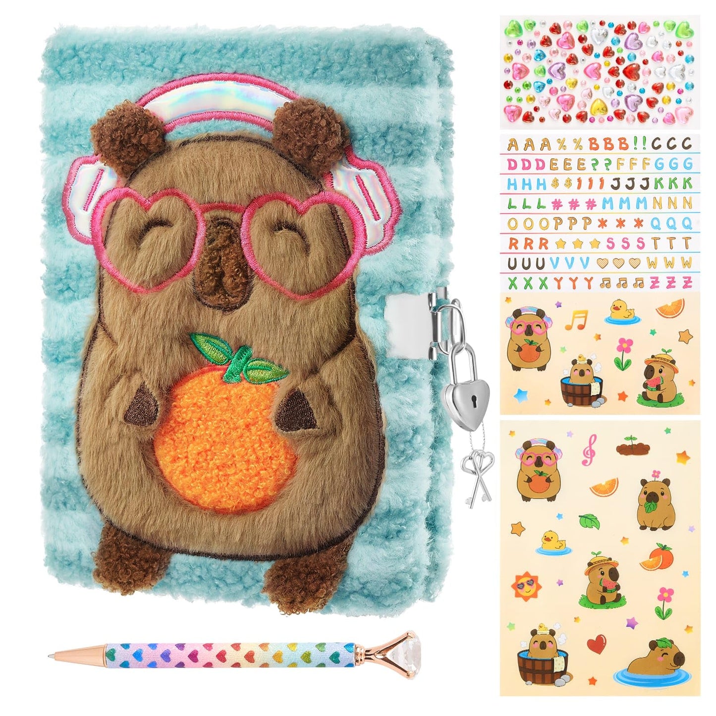 WERNNSAI Capybara Kids Secret Diary for Girls with Lock Key, Kids Plush Journal Kit, School Travel Notebook with Pen, Stickers for Writing Drawing, Birthday Gift for Girls Ages 6-8