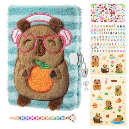 WERNNSAI Capybara Kids Secret Diary for Girls with Lock Key, Kids Plush Journal Kit, School Travel Notebook with Pen, Stickers for Writing Drawing, Birthday Gift for Girls Ages 6-8