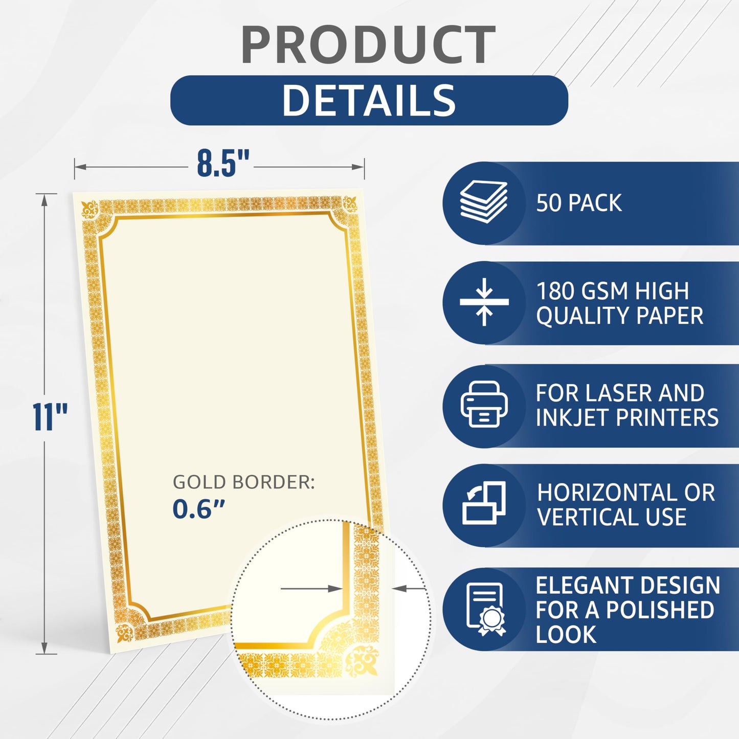 50 Sheets Gold Foil Certificate Paper 8.5 x 11 for Printing - Blank Certificate Papers for Award Certificates & Diploma Paper - Premium Award Papers Cardstock for Awards & Certificates Graduation