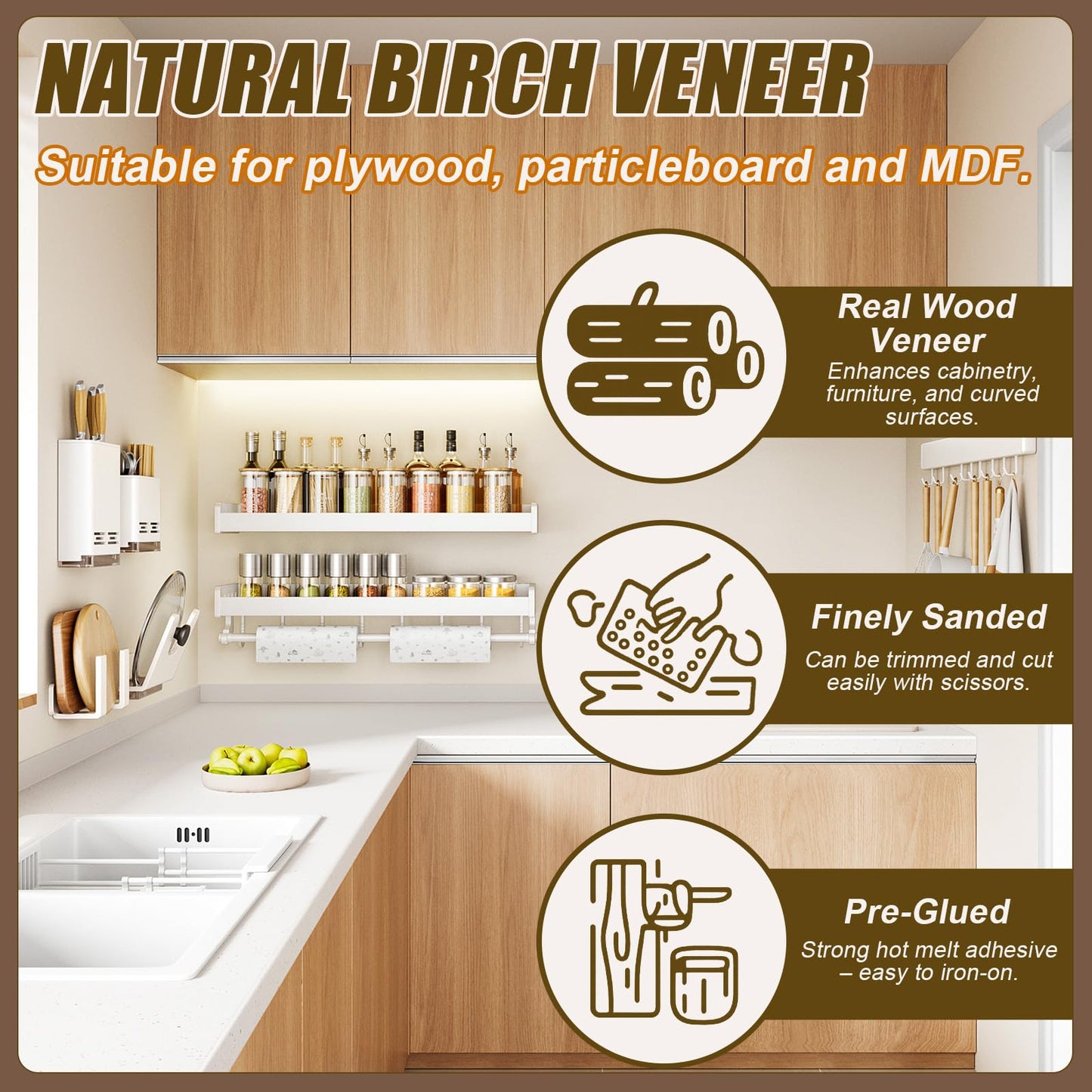 Birch Plywood Edge Banding, 3/4 Inch x 250 Feet Roll Wood Veneer Edge Banding, Birch Edge Banding with Hot Melt Adhesive, Preglued Wood Edging Tape for Furniture Restoration