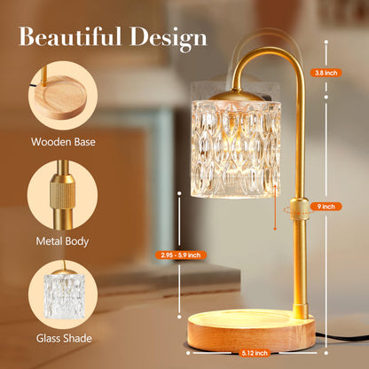 Briever Dimmable Candle Warmer Lamp with Timer, Height Adjustable Electric Candle Wax Warmer for All Size Jar Candles, Top-Down Light Heat Melting Wax with 2 Bulbs & Wooden Base for Gifts Home Decor