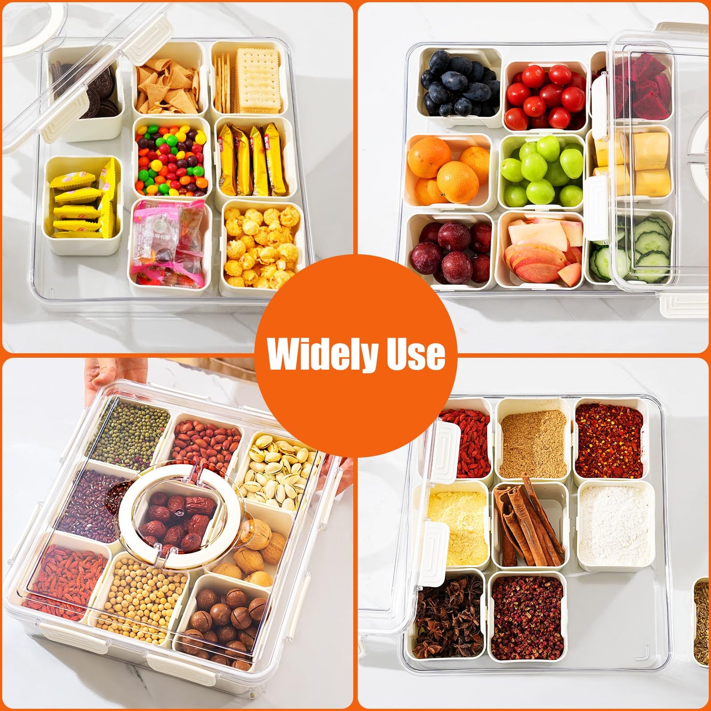 Divided Snackle Box - 9 Compartments Serving Tray with Lid & Handle - Clear Snack Container for Fruits, Candy & Nuts - Suitable for Travel, Parties & Daily Use (9 Inside Containers Dishwasher Safe)