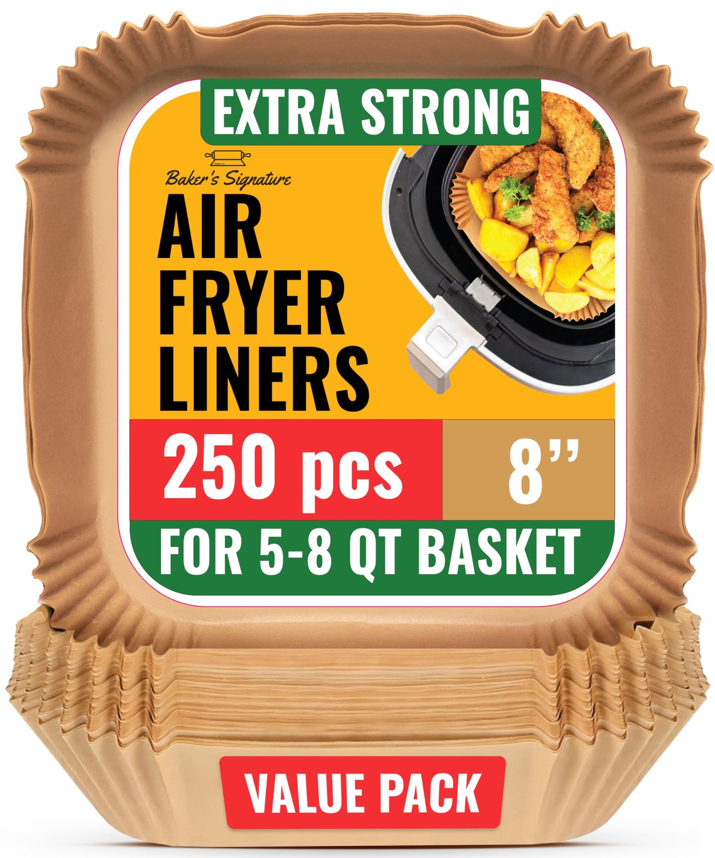 Air Fryer Liners, 250Pcs Disposable Parchment Paper Liners – Unbleached Baking Air Fryer Sheets – 8” Square for 5-8 qt Baskets – Great for Oven, Pans & Baking – Easy Cleanup by Baker's Signature