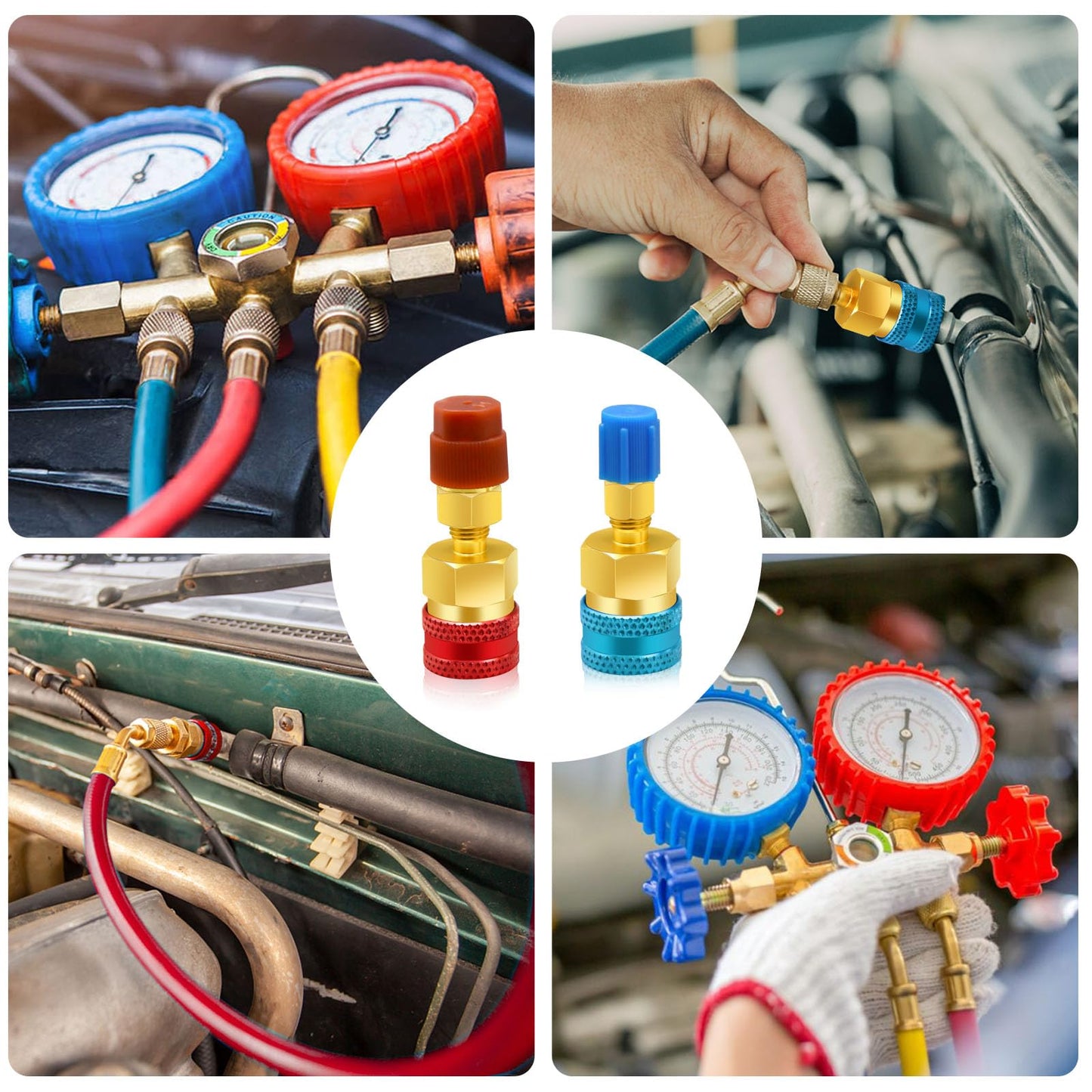 2Pcs R1234yf to R134a Adapter, Quick Couplers Kit R1234yf Refrigerant Recharge Kit, High/Low Side R134a to R1234yf Adapters for R1234yf/R134a Car Ac Refrigerant System Evacuation Recharging, Red, Blue