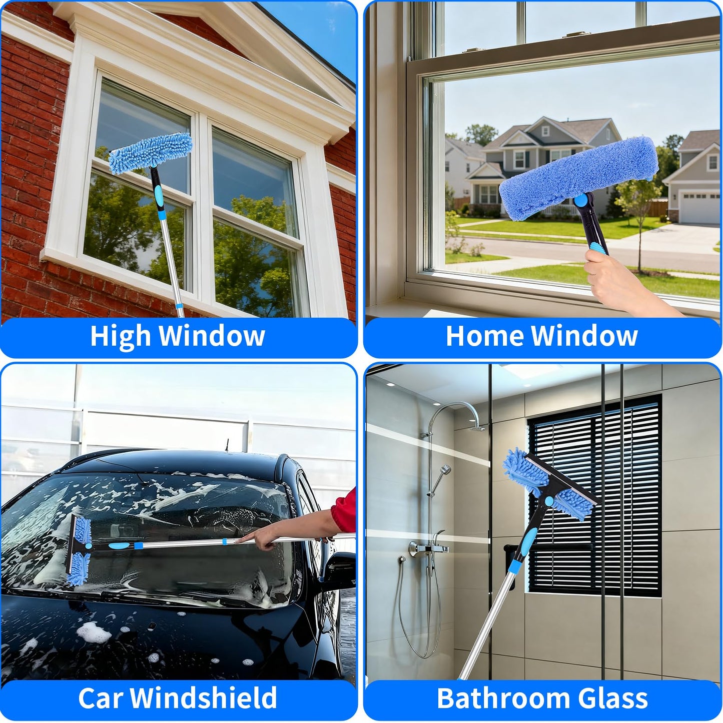 12.7FT/ 3.9M Window Cleaning Tools Window Squeegee, 2 in 1 Rotatable Window Washing Kit with Extension Pole for High Windows, Ceilings, Cars