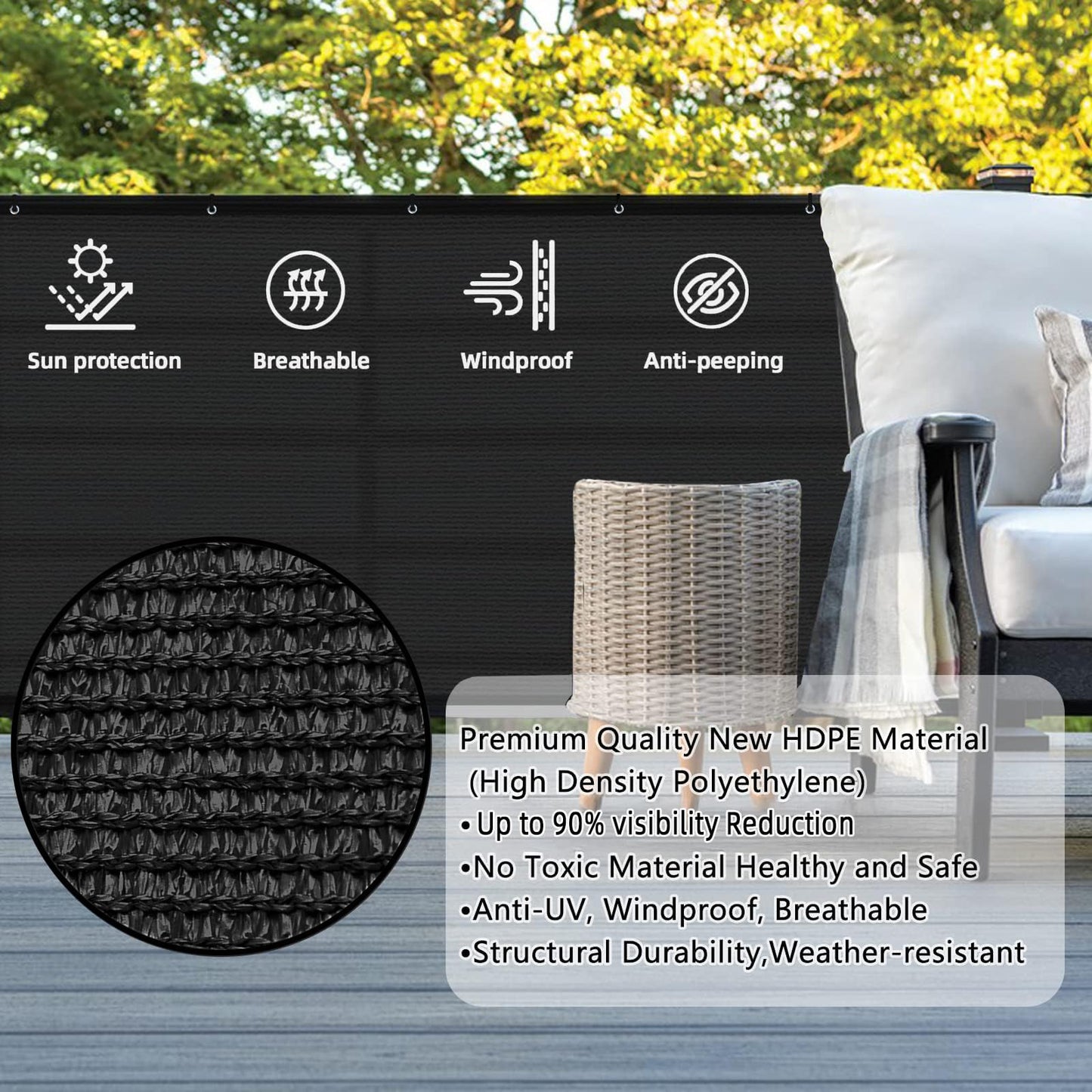 SUNLAX 3'x10' Black Balcony Privacy Screen Fence Windscreen Cover Fabric Shade Mesh Cloth with Grommets UV Protection for Patio, Backyard, Porch, Railing Shield 90%
