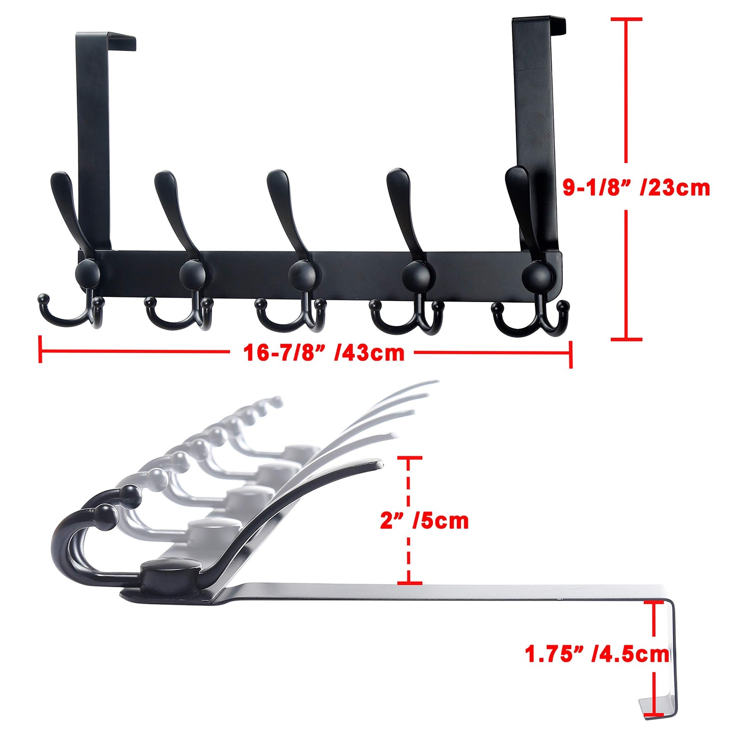 SKOLOO Over The Door Hook 5 Tri Hooks, Stainless Steel Heavy Duty Over Door Hook for Hanging Coats Clothes Towels, Over Door Hanger for Bathroom Bedroom, Black