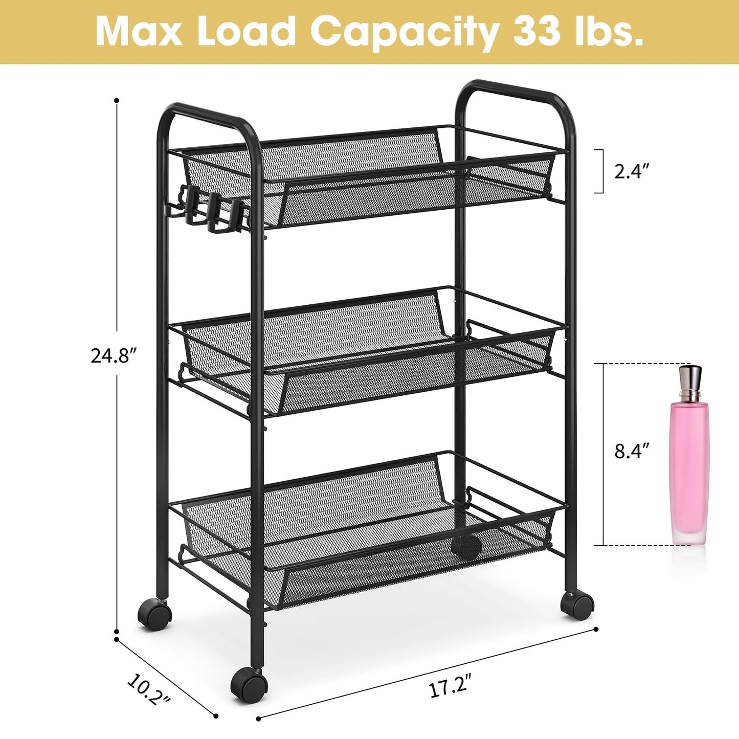 TOOLF 3-Tier Metal Rolling Cart, Mesh Wire Easy Assemble Utility Cart, Storage Trolley on Wheels with 3 Hooks, MetalStorage Shelving Units for Kitchen Bathroom Laundry Room