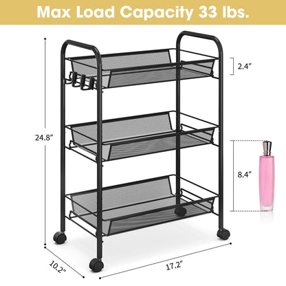 TOOLF 3-Tier Metal Rolling Cart, Mesh Wire Easy Assemble Utility Cart, Storage Trolley on Wheels with 3 Hooks, MetalStorage Shelving Units for Kitchen Bathroom Laundry Room