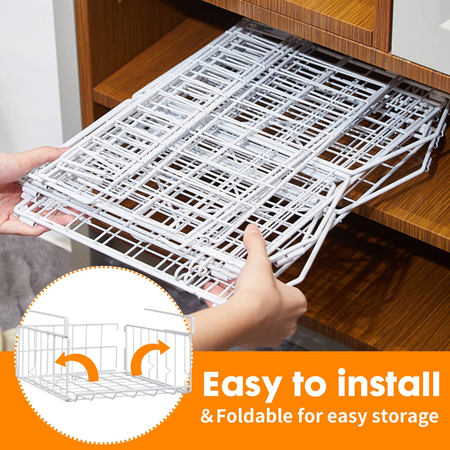 Under Shelf Storage Baskets, Foldable Metal Under Cabinet Basket Wire Rack Storage Shelf for Kitchen Cabinets Pantries Bookshelves Desk, Space-Saving Home and Office Storage Solution (White, 2 Pack)