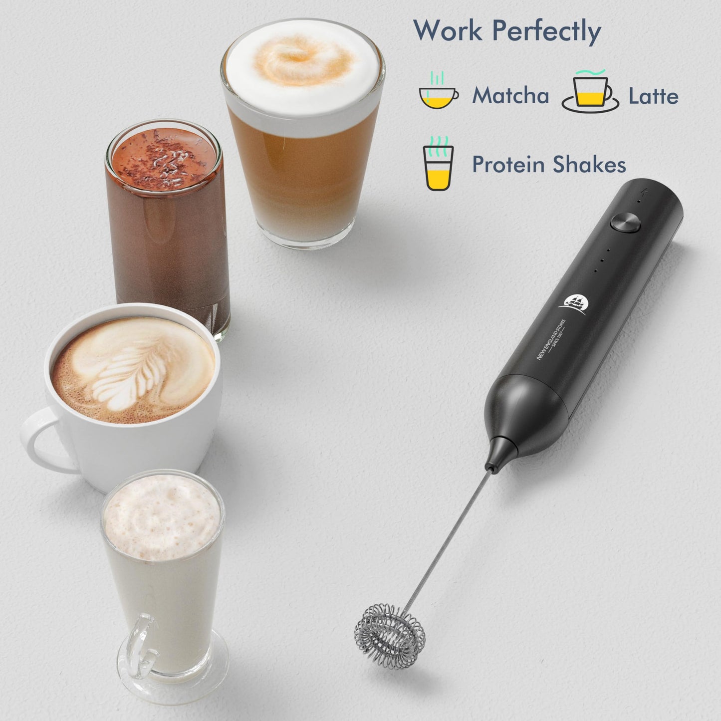 Rechargeable Milk Frother Wand with Stand, Foam Maker with Stainless Whisk, 3-Speeds Electric Handheld Drink Mixer for Coffee, Cappuccino, Latte, Matcha, Hot Chocolate (Black)