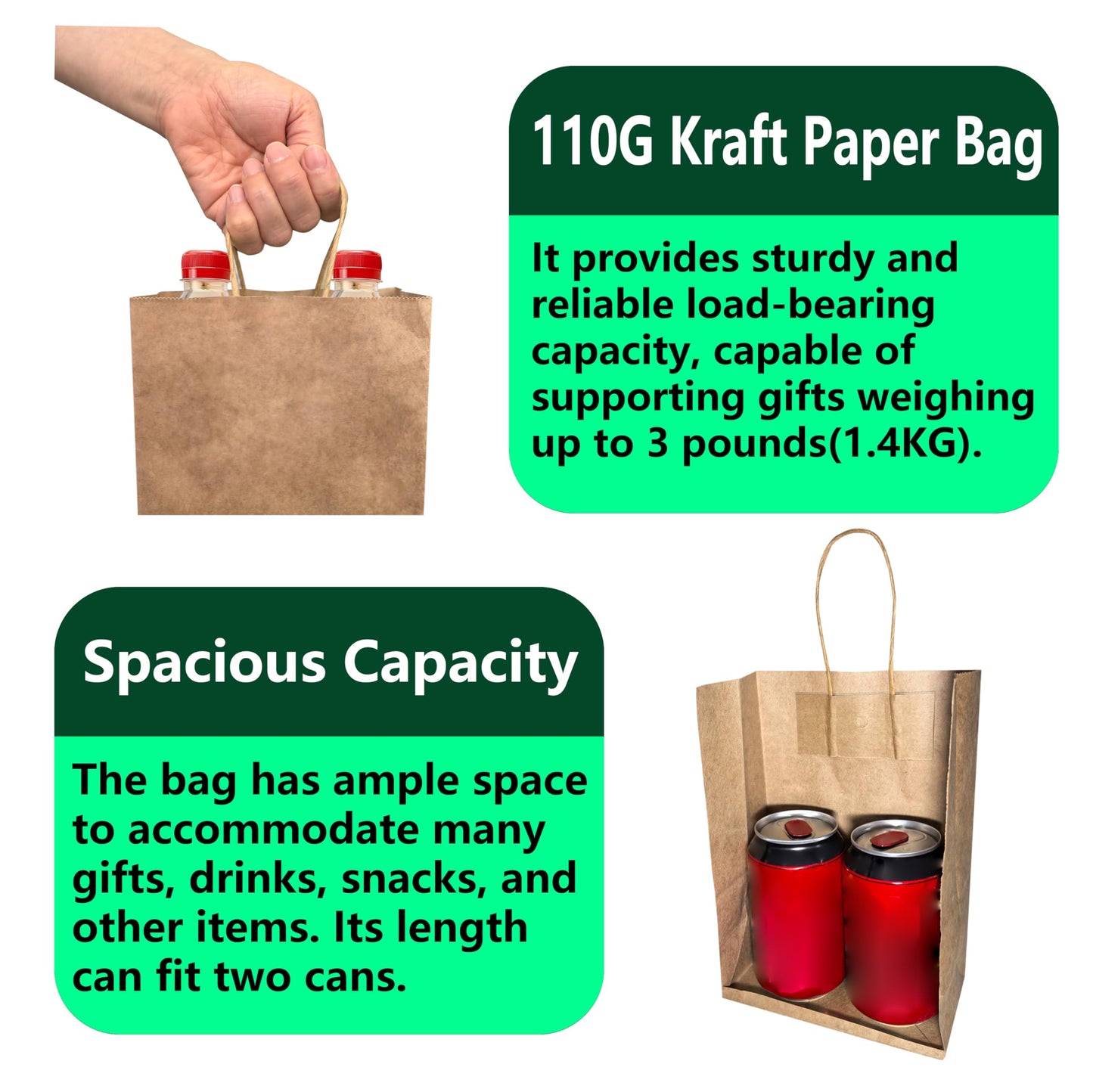 WUTONGPATH 100-Packs Brown Paper with Handles Bulk，5.91 x 3.15 x 8.27 inches(15x8x21cm)，Paper Gift Bags，Retail Bags，Shopping Bags，Party Favor Bags