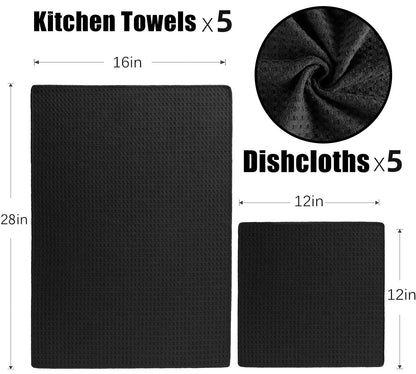 Waffle Weave Kitchen Towels and Dishcloths Set, 26 X 18 Inch and 12 X 12 Inch, Set of 10 Black Lint Free Dish Towels for Drying Dishes (Black, Kitchen Towel Set)