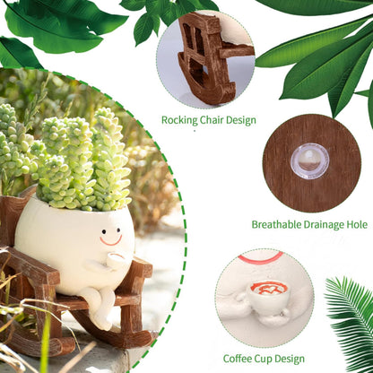 Swinging Smiley Face Plant Pot,Cute Coffee Plant Pots for Indoor Outdoor,Cute Head Resin Rocking Chair Plant Pots,Rocking Chair Succulent Flower Pots with Drainage Hole, Gift IdeaI for Birthday
