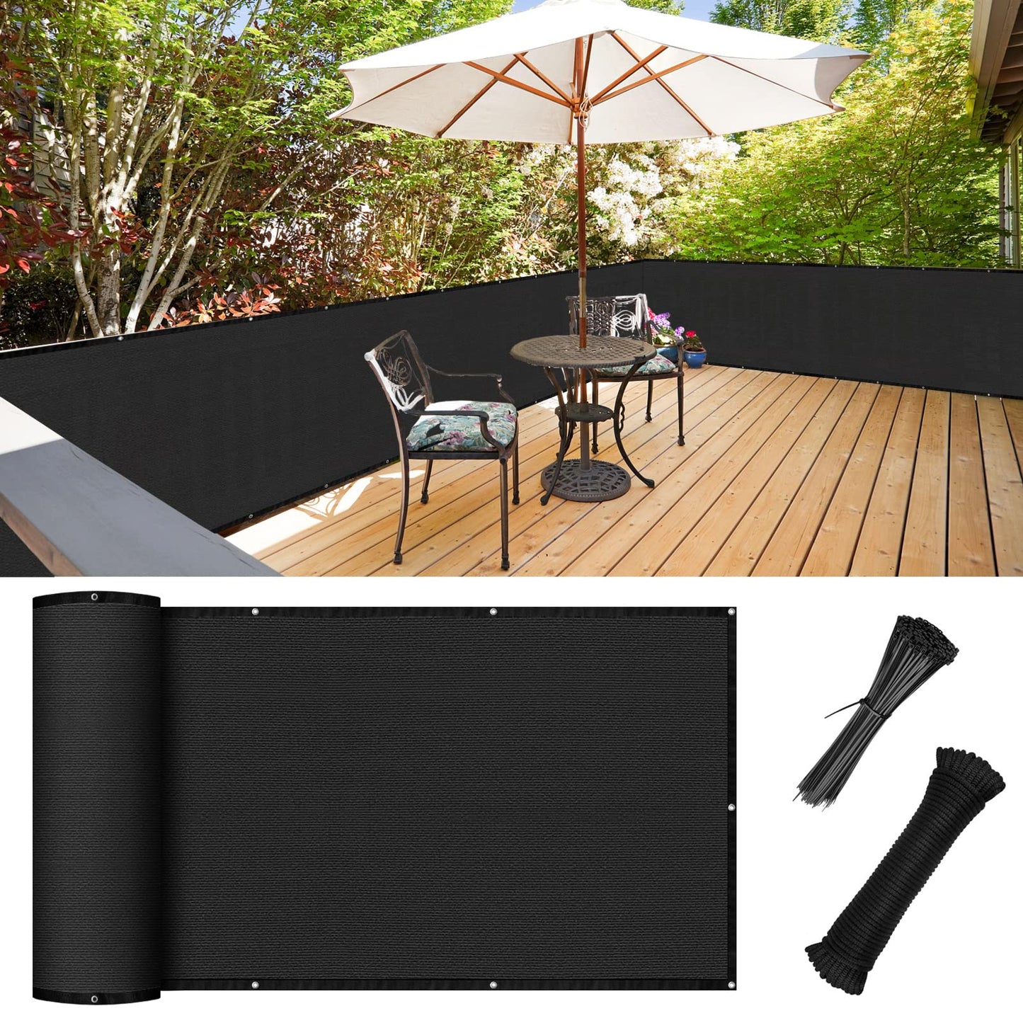 Balcony Privacy Screen 3.0ft x 20ft, Heavy Duty UV Protection Heat Resistant Privacy Curtain for Balcony, Outdoor Privacy Screen with Cable Ties and Rope for Home, Balcony, Garden