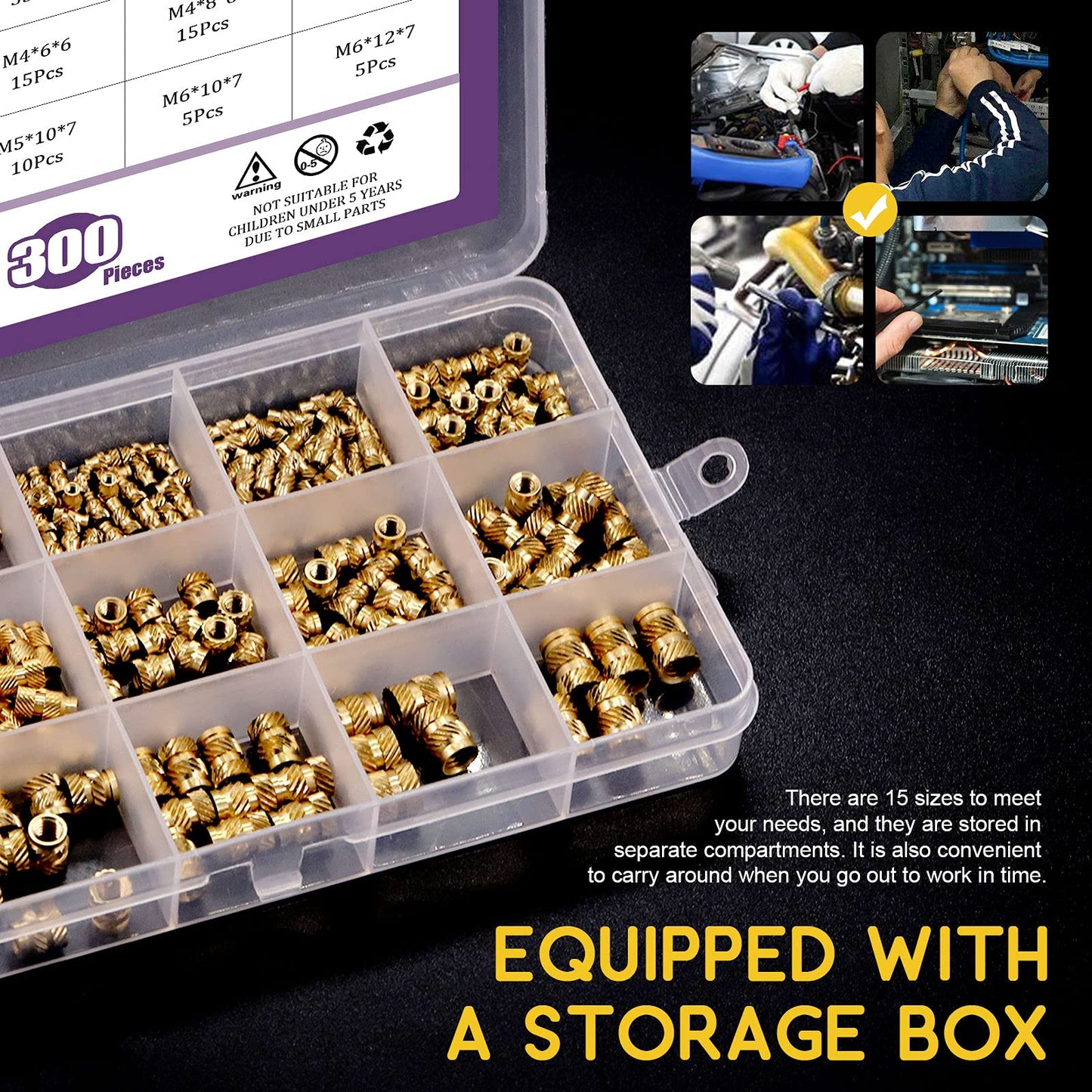 Swpeet 300Pcs 5 Values M2 M3 M4 M5 M6 Female Thread Knurled Nuts Brass Threaded Insert Embedment Nuts Hydraulic Welded Joint Injection Molding Assortment Kit Perfect for 3D Printing Injection Molding