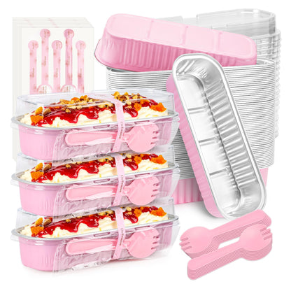 Valentines Gifts NPLUX Mini Loaf Pans with Lids and Spoons Rectangular Aluminum Foil Baking Pans Mini Cheesecake Containers 6.8oz(60 Pack, Pink)