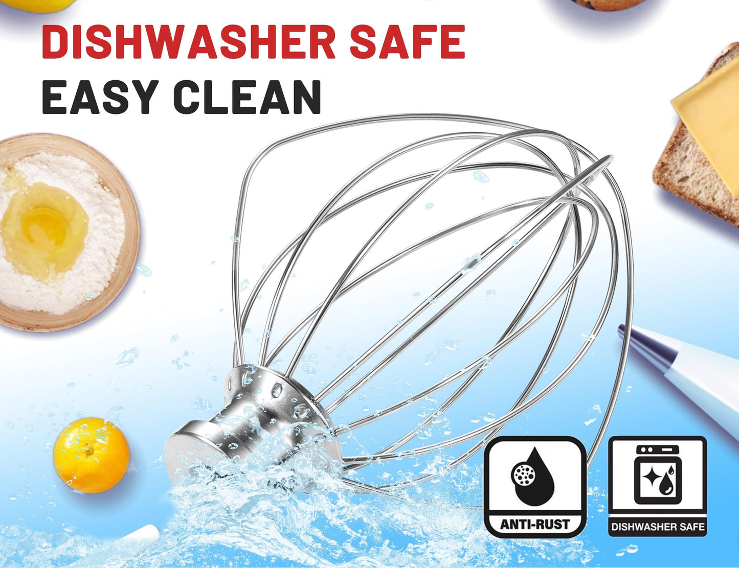 Dishwasher Safe Whisk Attachment Fits KitchenAid, K45WW 6 Wire Whip for 4.5 5 Quart KitchenAid Tilt-Head Stand Mixer，Whole Stainless Steel (NewlyArt Direct ONLY. All Others are Counterfeit)