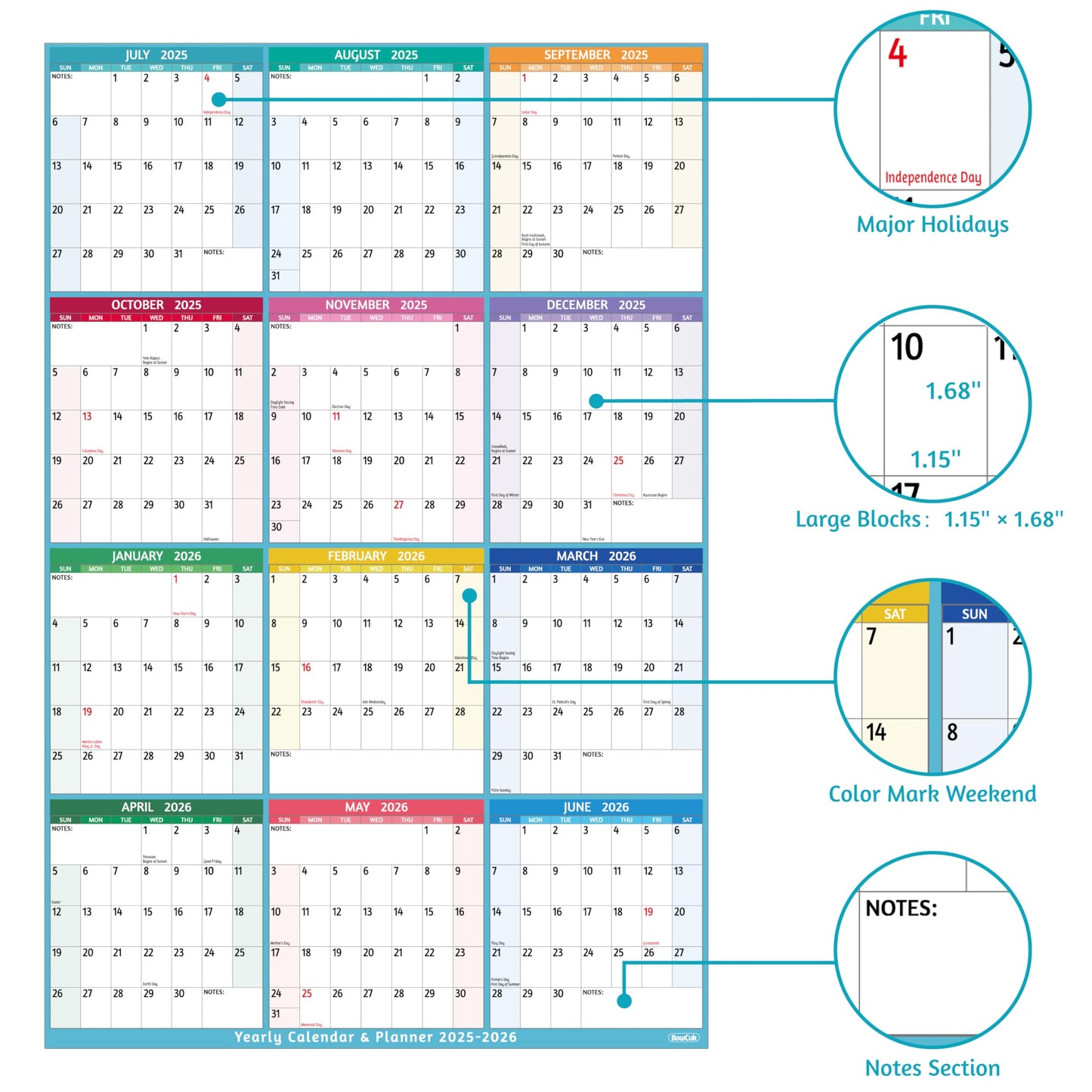Yearly Wall Calendar 2025-2026 - Large Yearly Calendar Vertical, Jul 2025 - Jun 2026, 25.2" x 38.2" (Open), Calendar 2025-2026, Large Wall Calendar, Full Year Paper Calendar with Notes, Thicker Paper