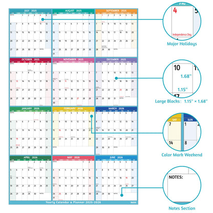 Yearly Wall Calendar 2025-2026 - Large Yearly Calendar Vertical, Jul 2025 - Jun 2026, 25.2" x 38.2" (Open), Calendar 2025-2026, Large Wall Calendar, Full Year Paper Calendar with Notes, Thicker Paper