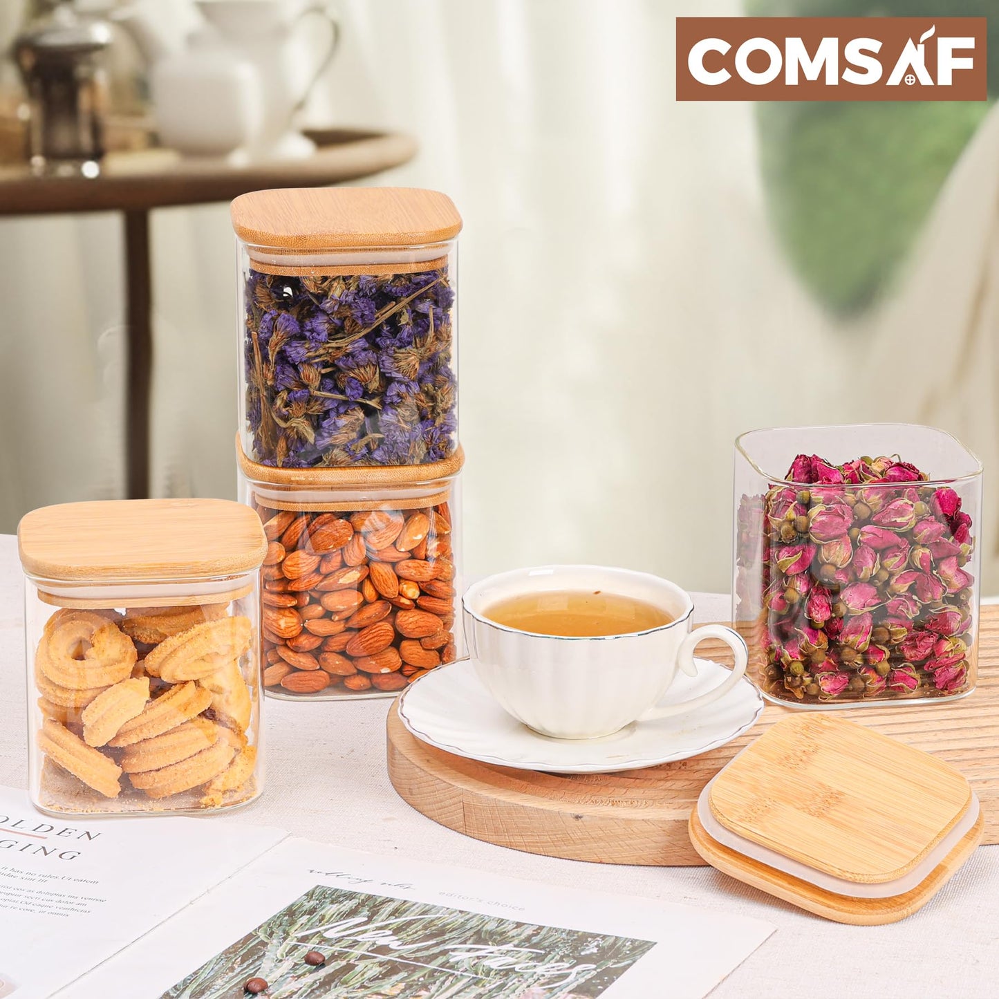 ComSaf 650ML Glass Food Storage Jars Set of 4, Small Glass Storage Containers with Lids, Pantry Organization Jar, Spice Jar, Blooming Tea, Candy and Cookie Container, Clear Canister Set for Kitchen