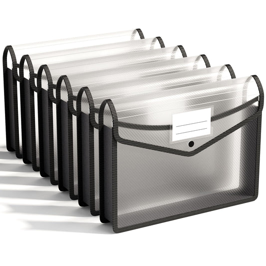 ABC life 6 Pack Plastic Expanding File Folder, Folders for Documents with Snap Closure, Black File Folder Organizer Holder, Transparent Accordion File Pouch,Large Capacity, Fit Letter/A4 Size - Black