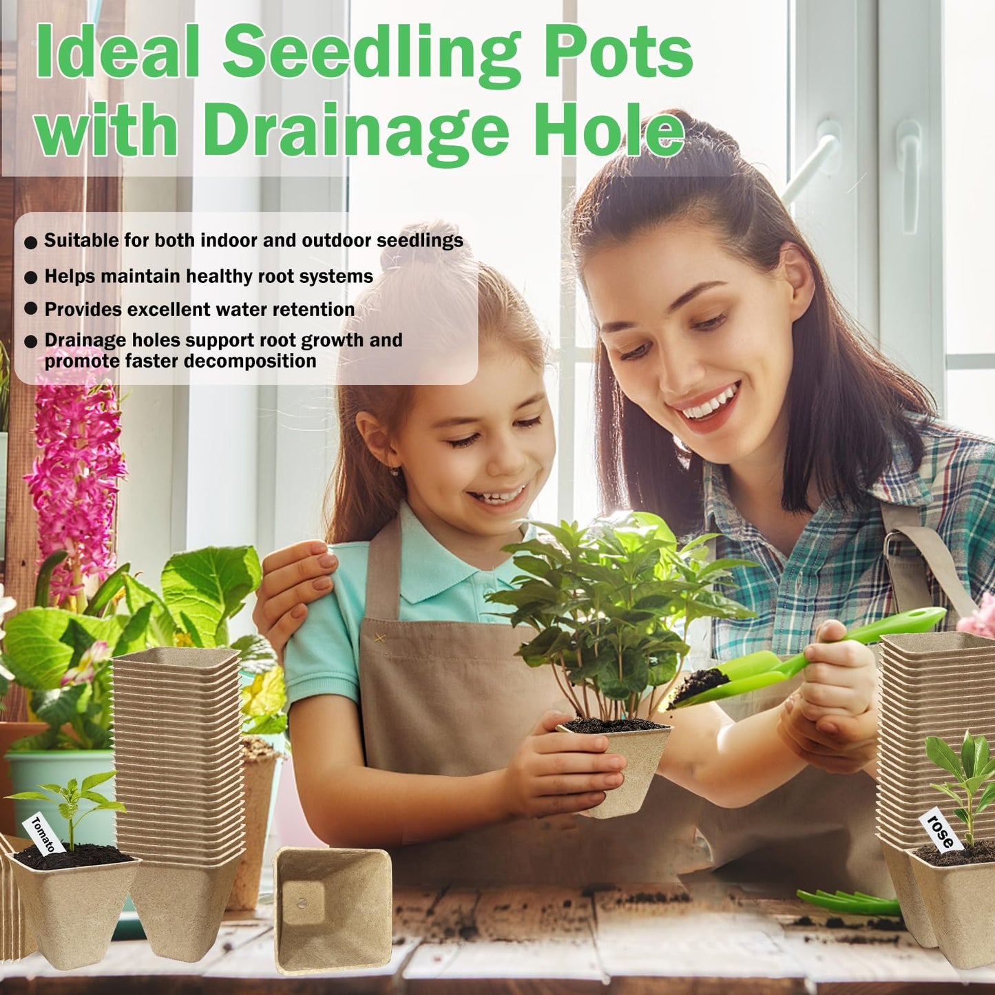 Doubleggs 150 Packs Square Peat Pots, 3.15-Inch Biodegradable Seed Starter Pots for Germination, Nursery Planting Trays with 100 Labels and 2 Transplant Tools