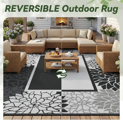 RESARE-Outdoor Rug-Patio Rug 5x8 ft RV Camping Floral Waterproof Mat Portable Outdoor Area Carpet for Deck Porch Picnic Balcony Backyard Beach Rugs Reversible Non Fading Black & White