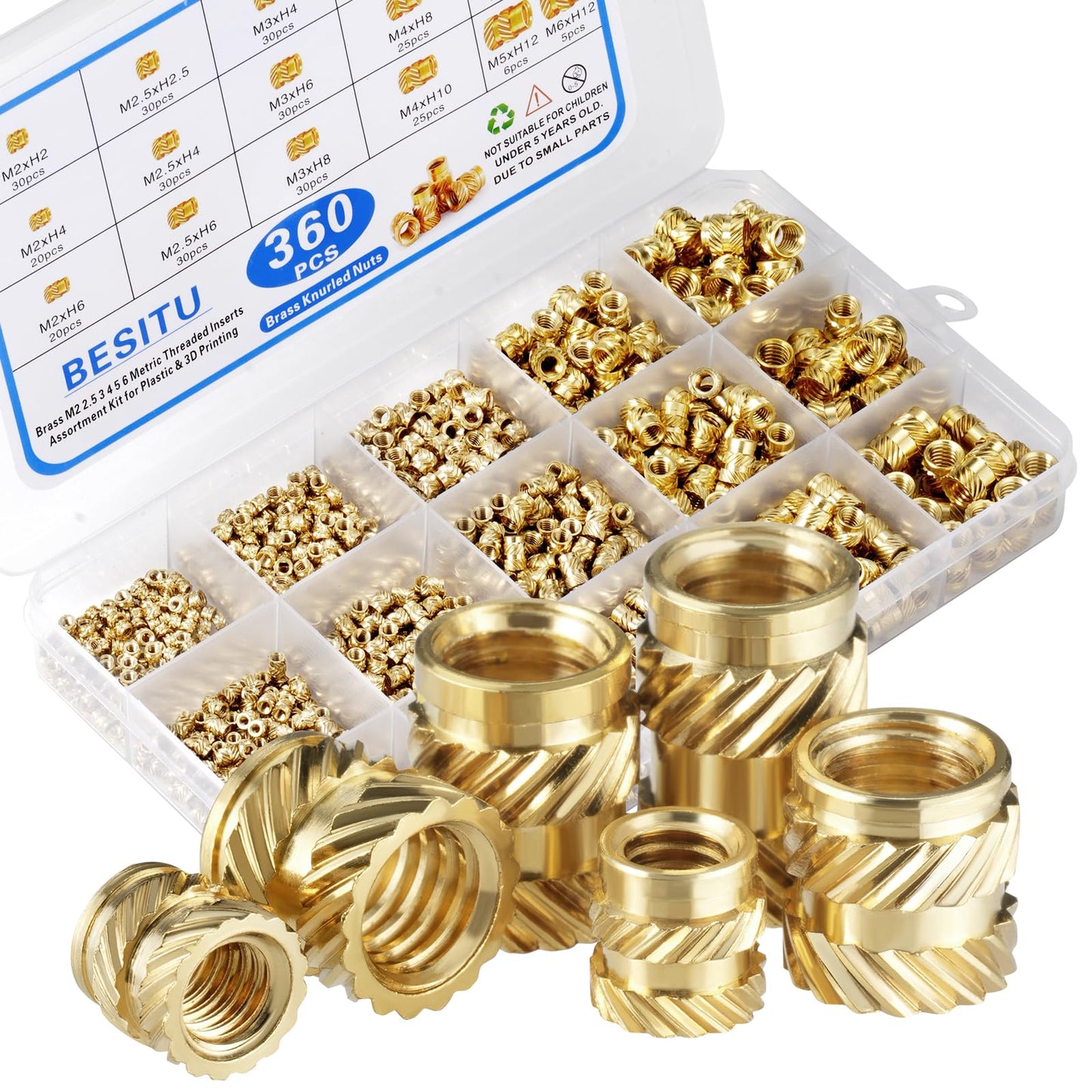 Besitu 360Pcs Threaded Inserts M2 M2.5 M3 M4 M5 M6 Brass Heat Set Insert for Plastic Metric Knurled Nut Inserts Kit for 3D Printing Components Injection Molding