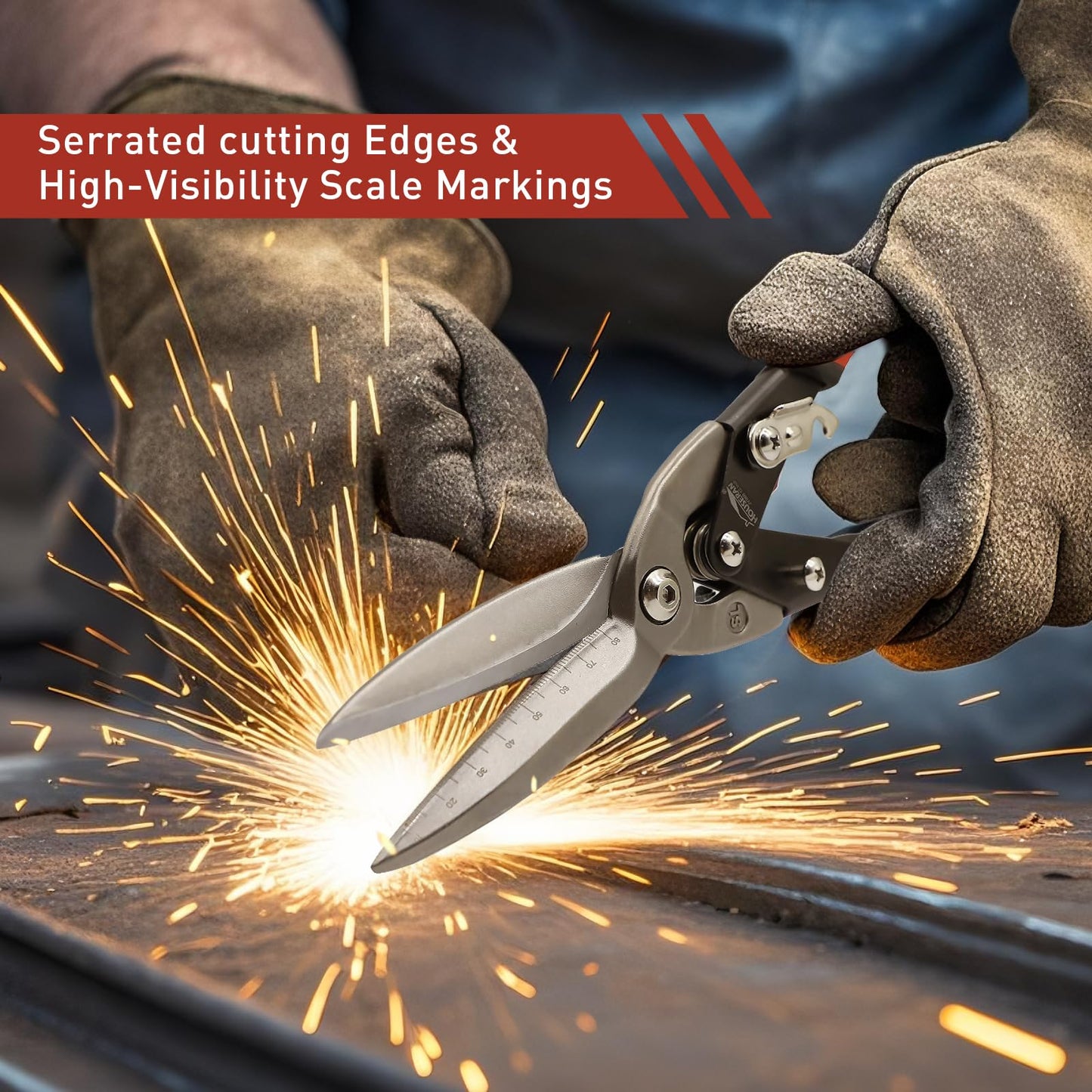 HOUSERAN 12 Inch Aviation Snips, Long Straight Cut Tin Snips, Heavy Duty CR-MO Metal Cutter with Double Lever, Scale Markings & Safety Lock, Shears Scissors for Cutting Metal Sheet