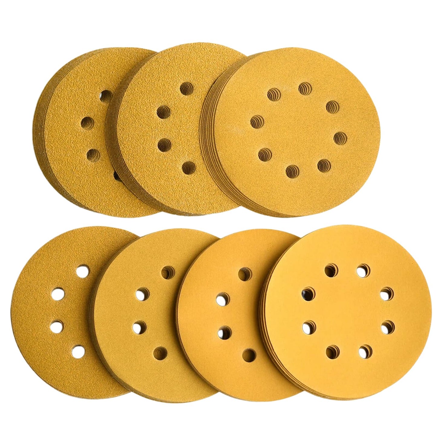 Aiyard 5-Inch 8-Hole Hook and Loop Sanding Discs, 60/80/120/150/220/320/400 Assorted Grits Gold Sanding Disc for Random Orbital Sander, 105-Pack