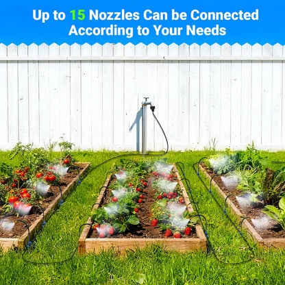 Thiswing 360° Adjustable Drip Irrigation System - Compatible 1/4" Irrigation System, 50FT Garden Watering Atomizing System with 15 Nozzles, Greenhouse Accessories for Yard, Lawn, Plants, Garden