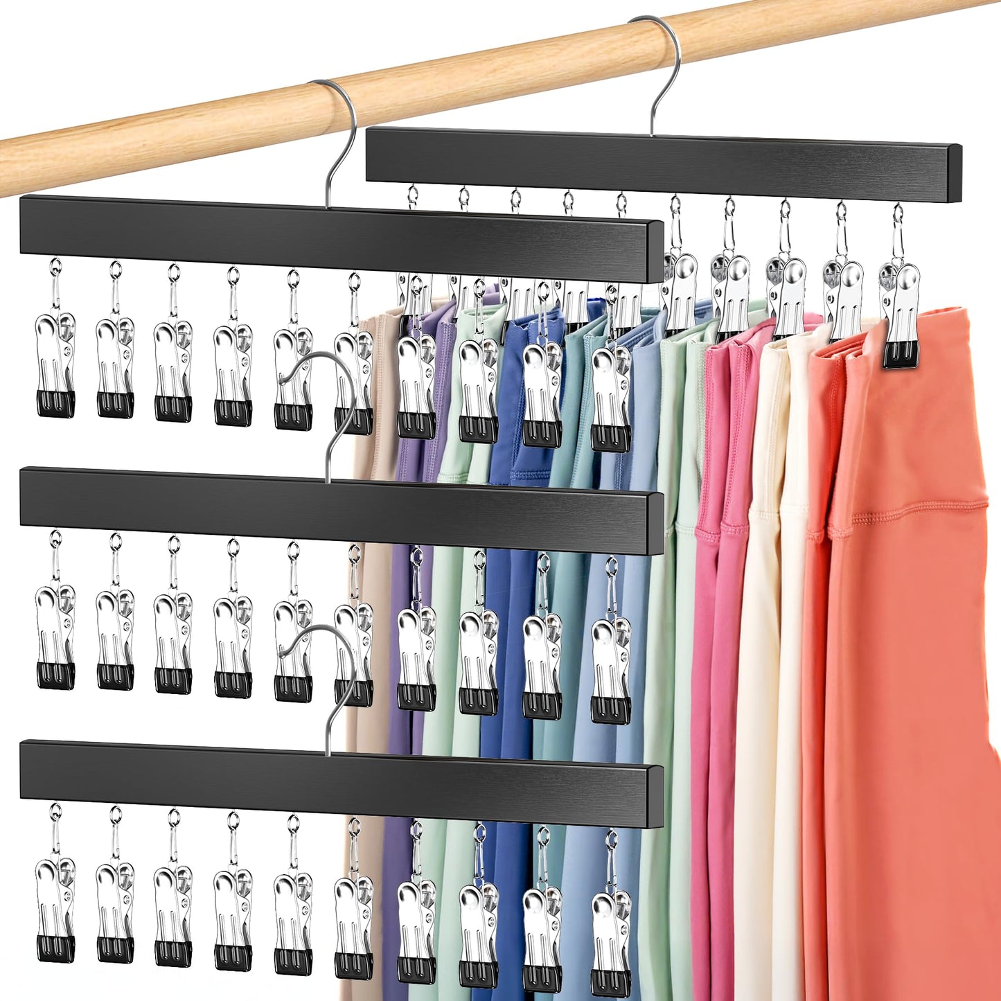 Damita Pants Hangers Legging Organizer for Closet 4 Pack with Clips Holds 20 Leggings, Multi Hangers Space Saving Storage Bedroom Organization for Jeans, Yoga Pants, Skirts & More, 360° Swivel Hook