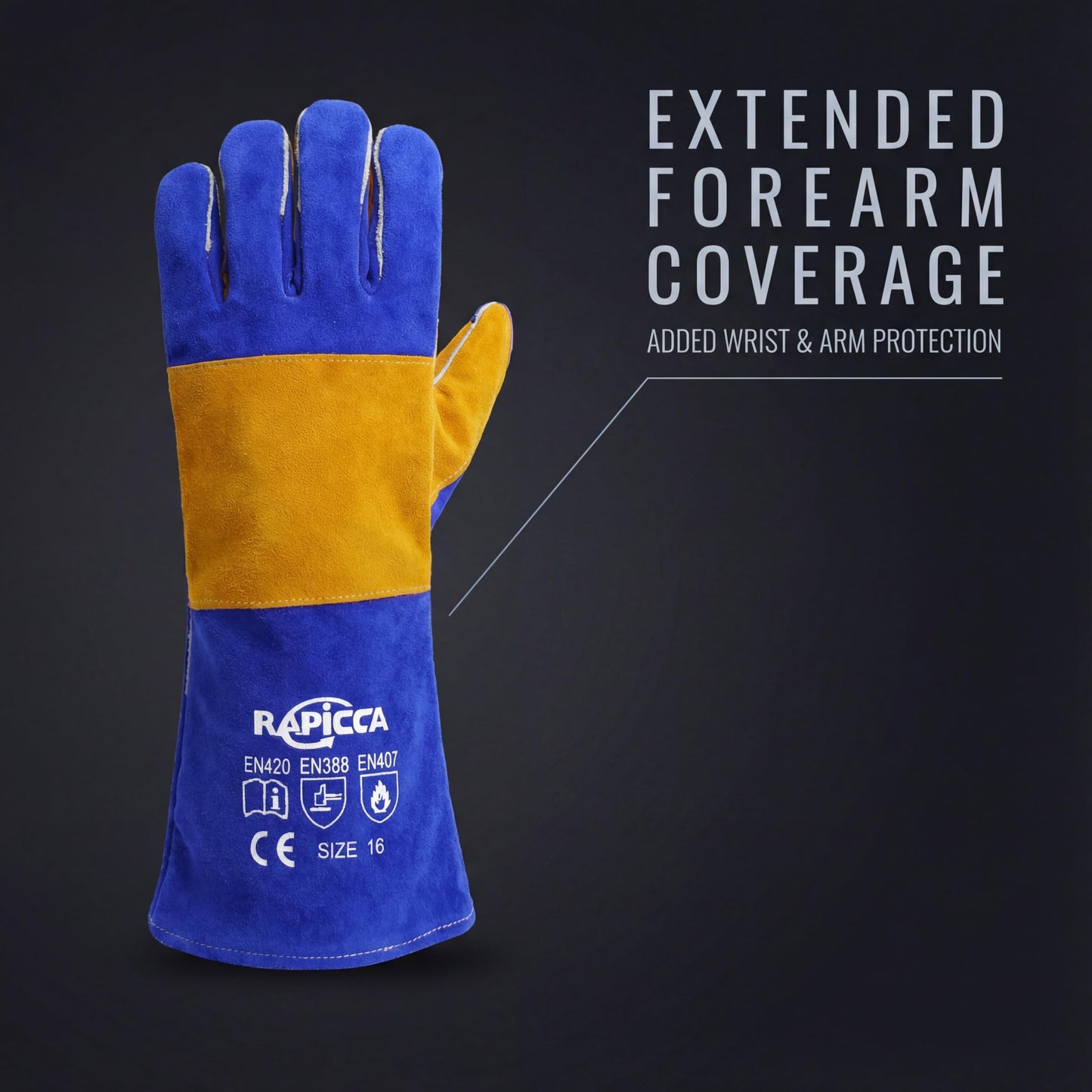RAPICCA Welding Gloves Fire Heat Resistant: Fireproof Leather For Stick Mig Flux-Core Welder Forge Blacksmith Fireplace Wood Stove Fire Pit Furnace Handling Dry ice - One Size Blue 16IN 932℉
