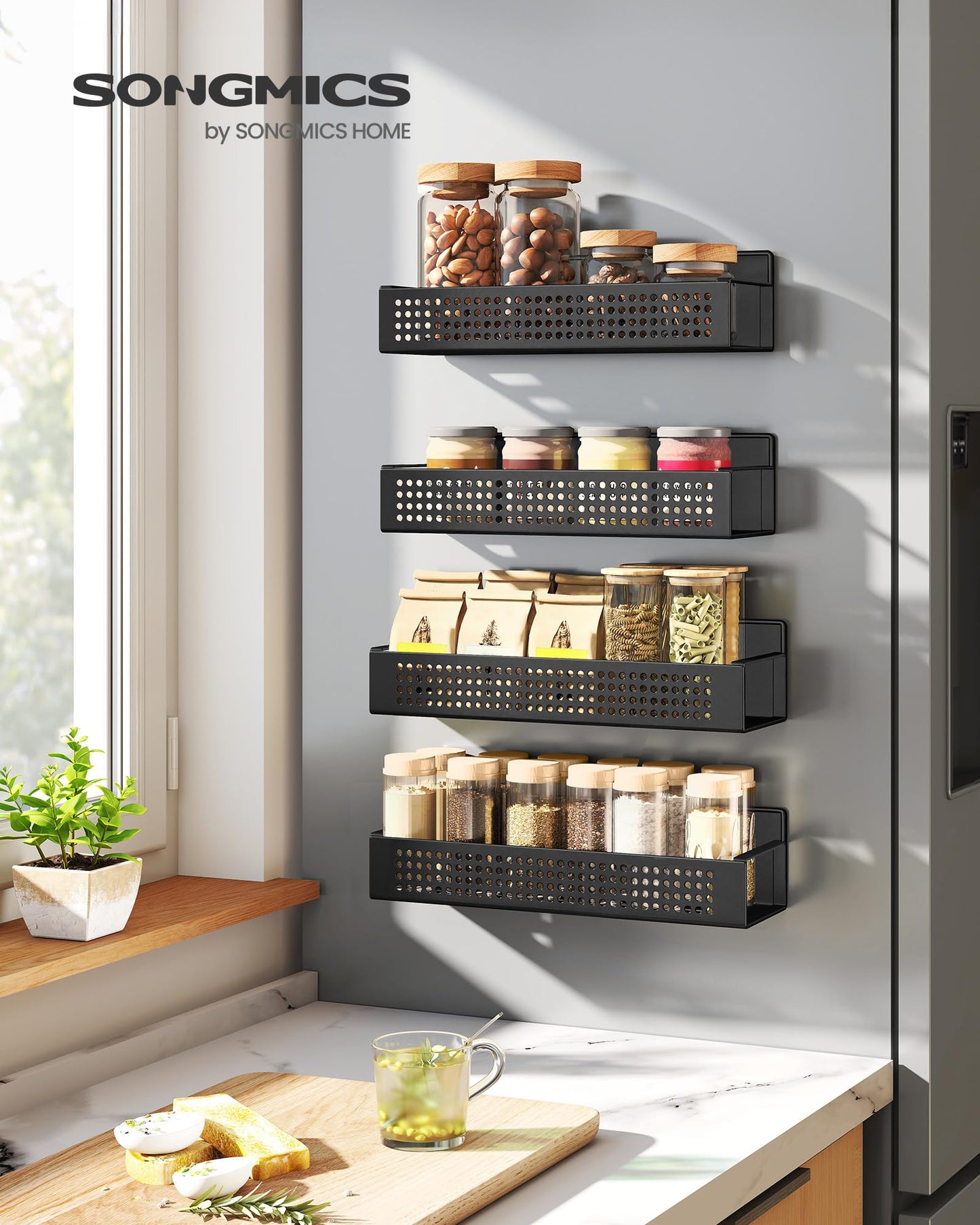 SONGMICS Set of 4 Spice Racks, 2 Large and 2 Small Kitchen Magnetic Shelves for Refrigerator, Microwave, Washing Machine, Spice Organizers, No Drilling Needed, Ink Black UKCS061B01