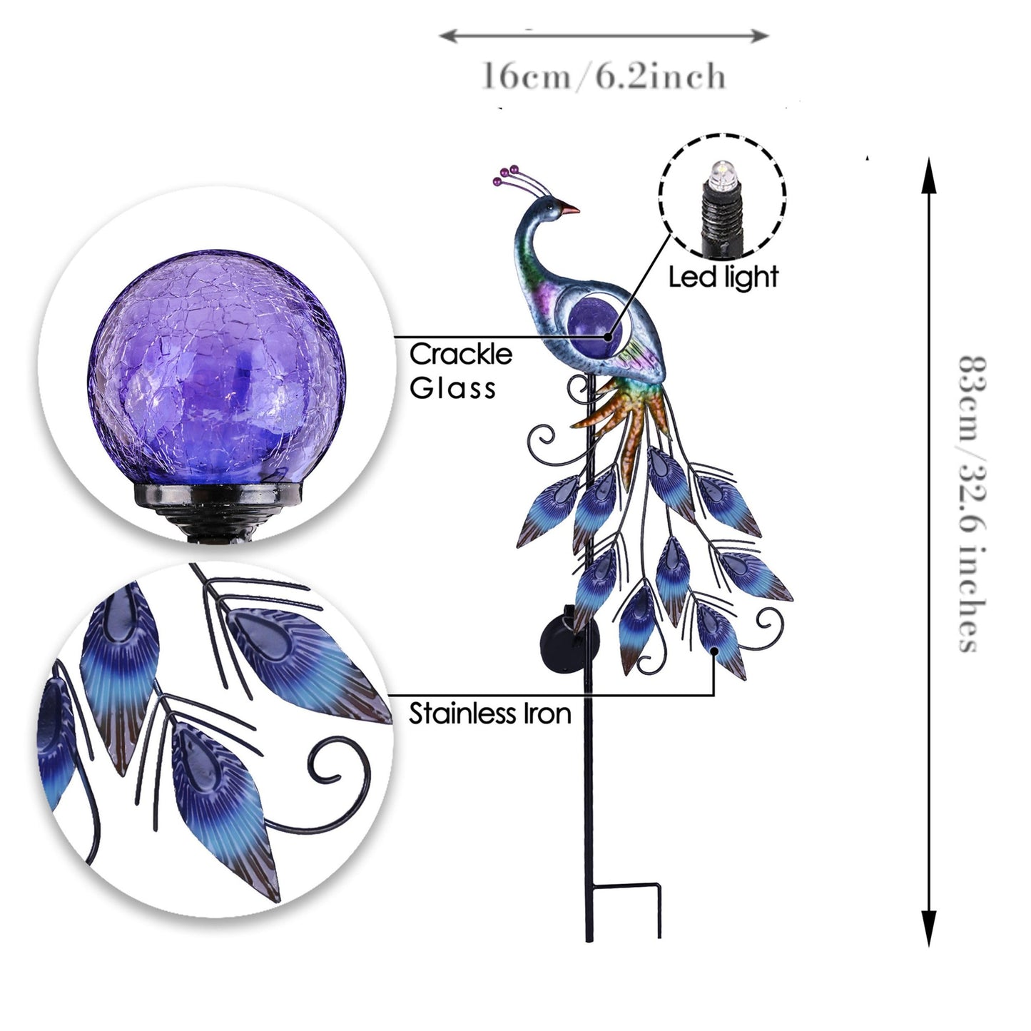 TERESA'S COLLECTIONS Peacock Solar Outdoor Light, 24'' Metal Lawn Ornaments with Crackle Glass Ball, Decorative Stake for Garden Decor