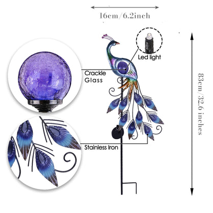 TERESA'S COLLECTIONS Peacock Solar Outdoor Light, 24'' Metal Lawn Ornaments with Crackle Glass Ball, Decorative Stake for Garden Decor