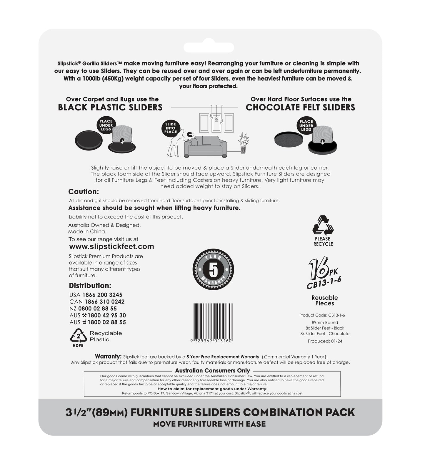 Slipstick GorillaSliders Premium 89mm Furniture Sliders for All Floor Surfaces (16 Piece Moving Kit) Reusable 3.5” Round Furniture Movers for Sliding Furniture on Hardwood & Carpet, Black