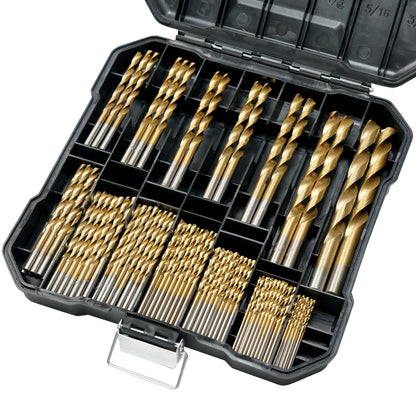 BeHappy 99 Pcs Drill Bit Set, 135° Tip Titanium Coated High Speed Steel, Twist Drill Bit Kit for Iron, Aluminum Alloy, Copper, Wood, Plastic, with Hard Storage 1/16“-3/8”