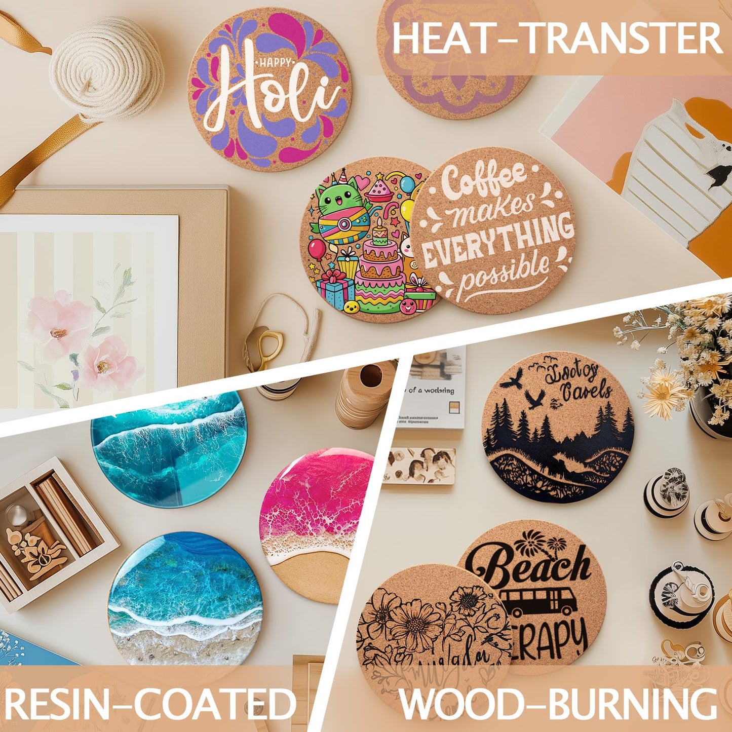 60 Pieces Cork Coasters for Drinks, GOH DODD Absorbent Blank Coasters for DIY Crafts Laser Engraving Sublimation Wood Burning Plants Painting Housewarming Gifts Wedding Education, Round, 4 Inch