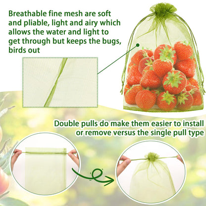 DECYOOL 120 PCS Fruit Protection Bags 8x12 inch, Green Fruit Bags for Fruit Trees Fruit Netting Cover Drawstring Mesh Bags Suit for Mangoes Tomatoes Fruit Trees Veggies Garden