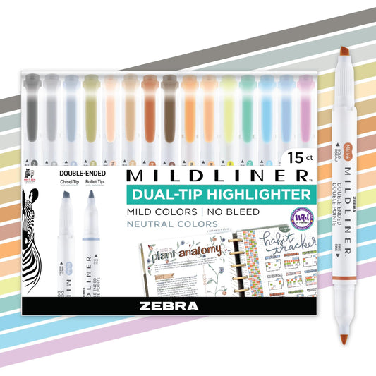Zebra Pen MILDLINER Dual-Tip Highlighter Set, Broad and Fine Point Tips, No Bleed, Ideal for Bible Highlighting, Journaling, School and Office Supplies, Neutral Vintage Ink Colours, 15-Pack (78315)
