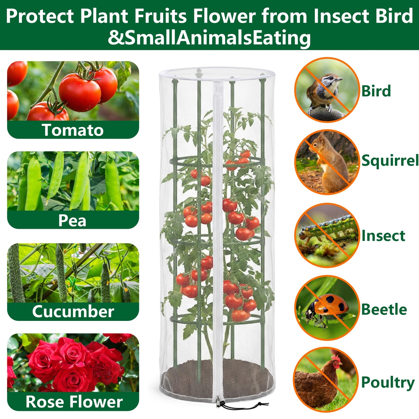 4 Pcs 59" x 18" Garden Bird Netting for Round Plant Cages - Tomato Cage Plants Protective Net Cover, Tomato Trellis Insect Barrier Mesh for Vertical Climbing Plants Fruits Flowers (Cage Not Included)