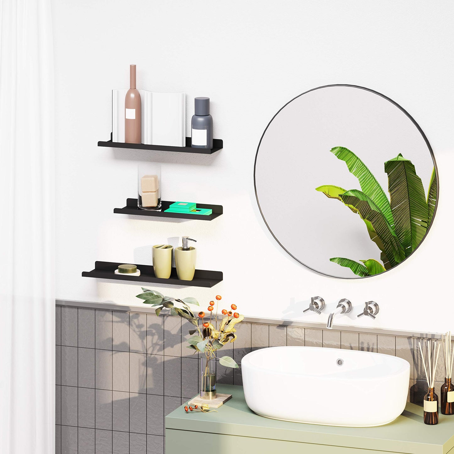 SONGMICS Set of 3 Wall Shelves, Metal Floating Shelves, Industrial Wall-Mounted Shelving for Decorations, Photos, Knickknacks, Multiple Layouts, 6 Screws Included for Mounting, Black ULFS12BK
